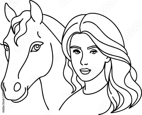 Minimalist Line Art Portrait of Woman and Horse, Modern Outline Illustration, Contour