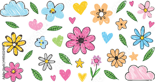 Kid crayon chalk line cloud, flower children sticker set. Hand drawn crayon doodle sketch childish cute element set. Chalk star, heart, flower color cute element background. Vector illustration
