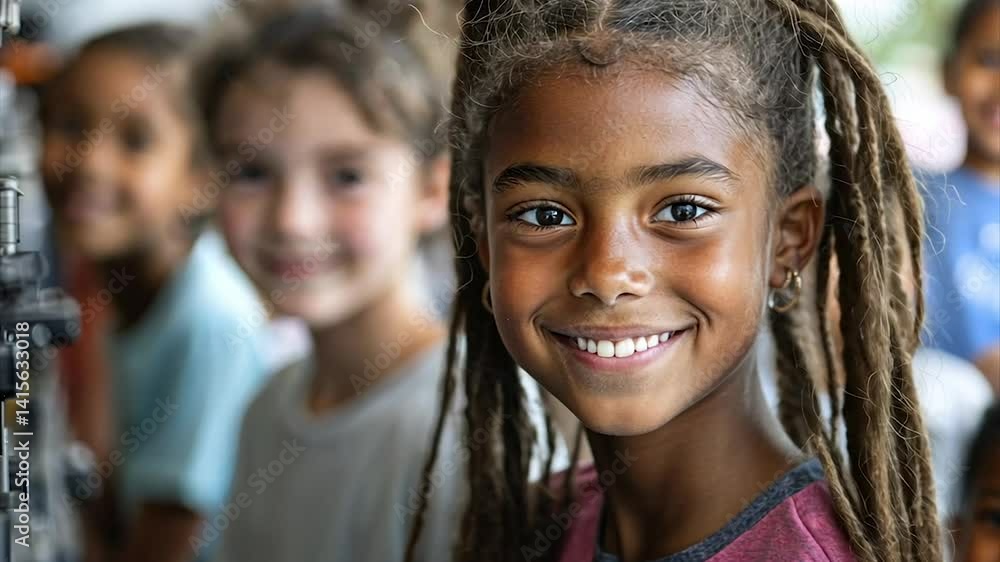 Smiling girl with dreadlocks, surrounded by other children Smiling girl with dreadlocks, surrounded by other children