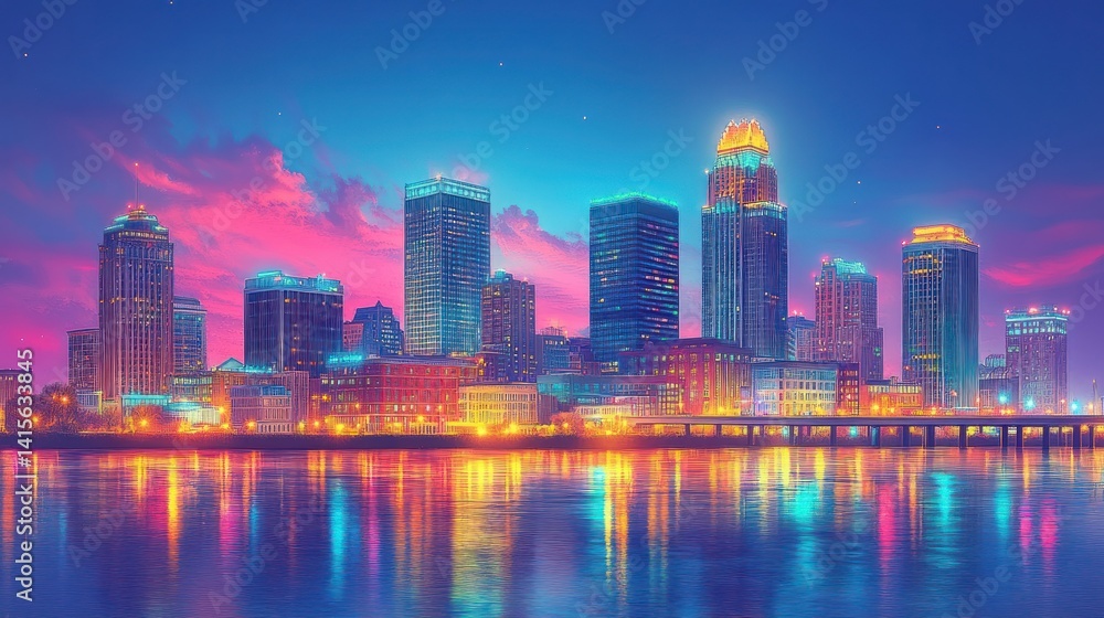 Fototapeta premium Vibrant city skyline at twilight