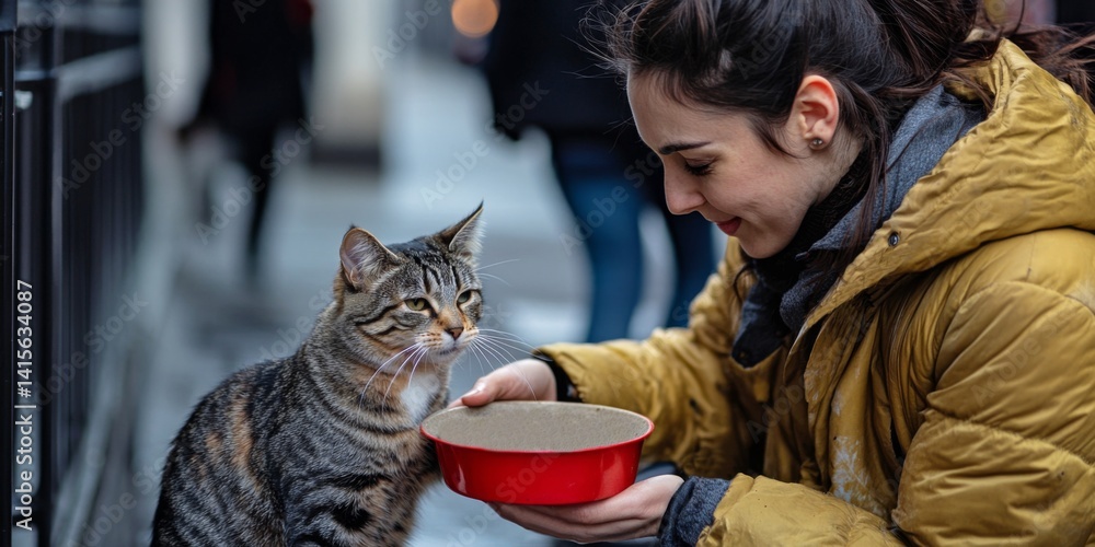 A woman lovingly feeds a tabby cat in the city streets. The scene captures a warm moment of kindness and compassion. This image represents the beauty of human-animal relationships. AI