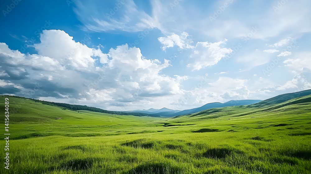 Naklejka premium Green Valley With Rolling Hills Under A Cloudy Blue Sky