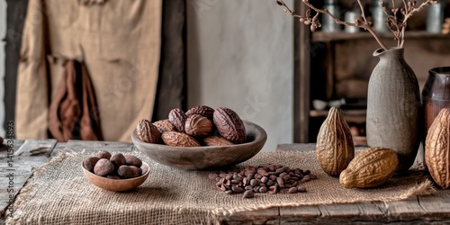 A rustic kitchen setting showcases rich cocoa beans and nuts in natural wooden bowls. The warm tones and textured surfaces create a cozy, inviting atmosphere. 