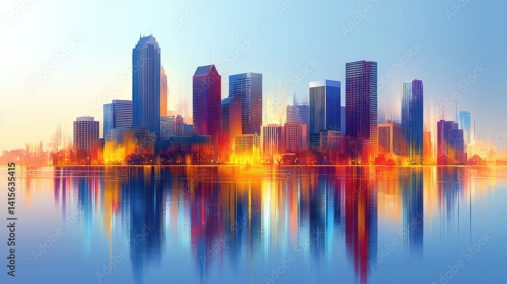 Obraz premium Vibrant city skyline reflected on water
