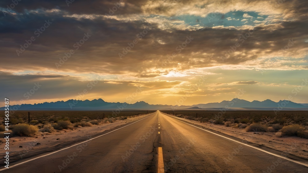 Naklejka premium Desert Highway at Sunset with Mountain Range and Dramatic Sky