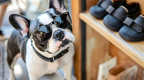 A dog wearing sunglasses and a collar. Generated using AI.