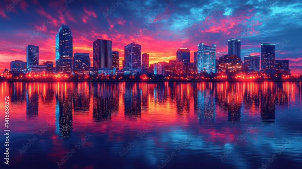 Fototapeta premium Vibrant cityscape at sunrise reflected in water