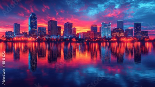 Vibrant cityscape at sunrise reflected in water