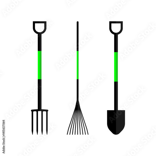 Garden tools set. Garden Pitchfork, Shovel, leaf rake. Vector illustration