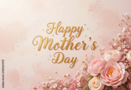 Luxury Mother's Day Greeting Card with Pink Roses and Gold Lettering