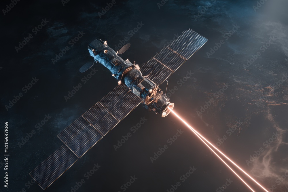 Futuristic Satellite: A space-based observatory with solar panels emits energy beams, set against a dark cosmic backdrop. Space tech innovation. Futuristic Satellite: A space-based observatory with solar panels emits energy beams, set against a dark cosmic backdrop. Space tech innovation.