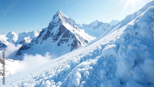 Hard packed snow, steep incline, stark shadows, frosty details, snow, crisp