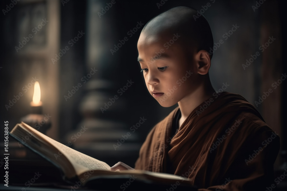 Young Monk Immersed in Reading