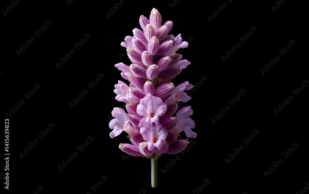 Obraz premium Levitation photography of a single lavender flower against a stark black background. The flower is purple and pink, with intricate details visible. The image has a clean, minimalist aesthetic
