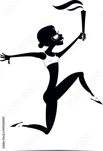 Running woman holds a torch. 
Smiling running young woman with a torch of sport. Black and white illustration
