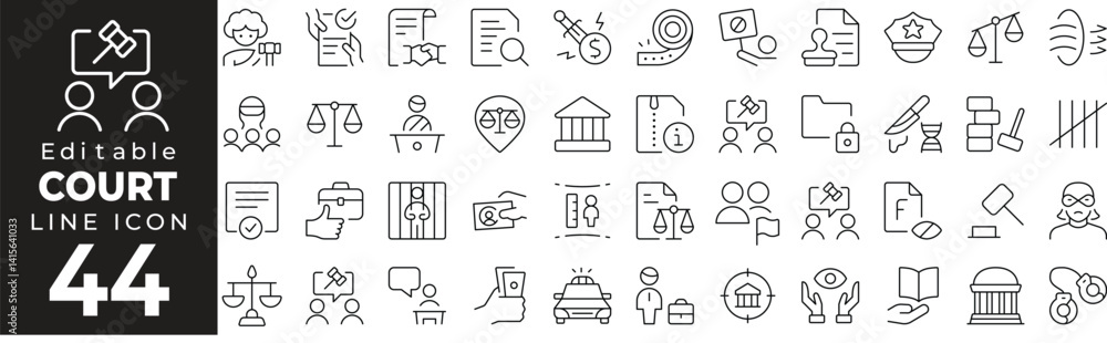 Fototapeta premium Court Icon Set: A Line Icon Collection Featuring Judge, Gavel, Courtroom, Lawyer, Justice, Trial, Law, Verdict, and More