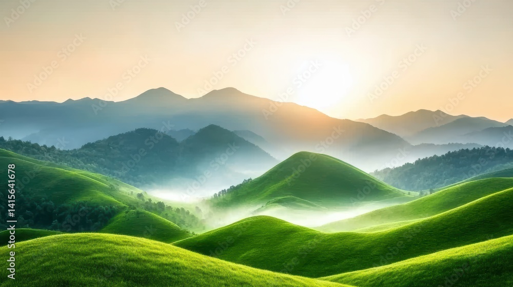 Fototapeta premium Green mountains during autumn, with mist rolling through the valleys in golden morning light.
