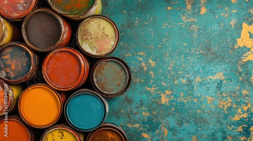 Cans of colored paint with copy space, representing oil-based enamel, lacquer, and varnish residues as household hazardous waste