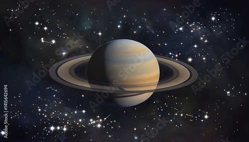 Distant View Of Saturn Surrounded By A Starry Night Sky