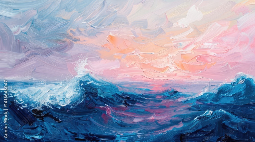 Fototapeta premium Vibrant ocean waves crashing under a pastel sunset, with soft clouds reflecting colorful hues in the sky