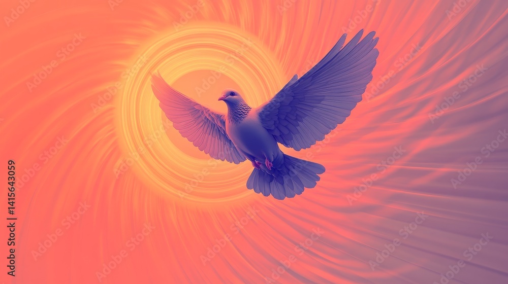 Obraz premium A Dove in Flight Towards the Sunrise: Symbol of Peace, Hope, and New Beginnings, Celebrating Easter with Joy and Renewal in a Beautiful Sunrise.