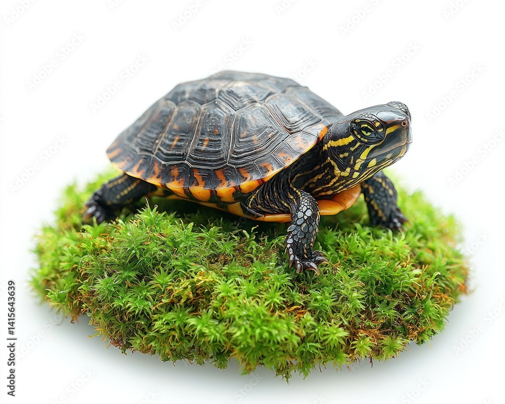 Obraz premium Colorful turtle resting on vibrant green moss, showcasing nature's beauty and tranquility