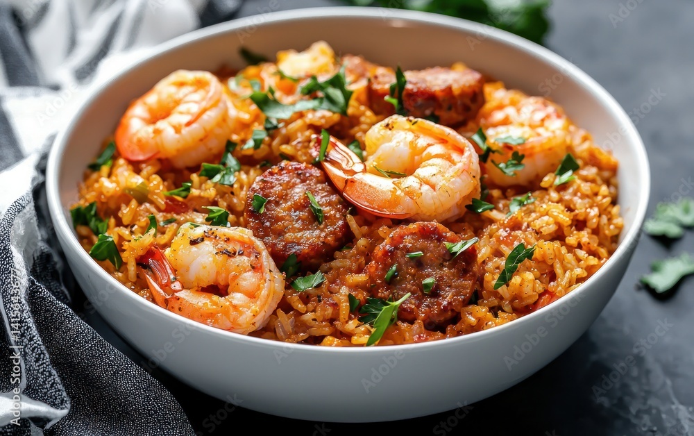 A flavorful bowl of jambalaya, a Creole and Cajun rice dish, is presented. It features succulent shrimp and savory sausage, complemented by vibrant herbs. The dish is served in a light-grey bowl, set A flavorful bowl of jambalaya, a Creole and Cajun rice dish, is presented. It features succulent shrimp and savory sausage, complemented by vibrant herbs. The dish is served in a light-grey bowl, set