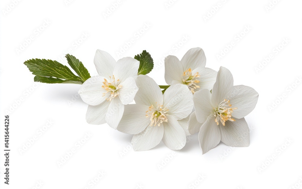 White hellebore flowers with green leaves levitate against a stark white background. The image features four delicate blossoms, showcasing their intricate details and subtle textures. The lighting is White hellebore flowers with green leaves levitate against a stark white background. The image features four delicate blossoms, showcasing their intricate details and subtle textures. The lighting is