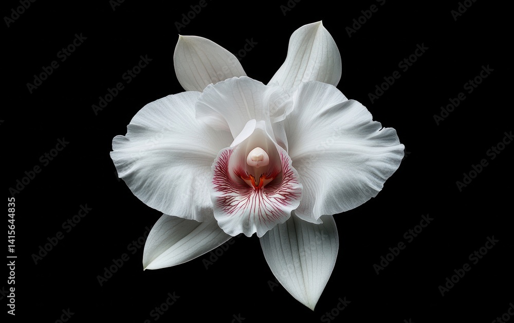 Fototapeta premium White orchid flower with maroon speckles levitates against a stark black background. The image is sharply focused, showcasing intricate details of the petals and the flower's structure. The lighting