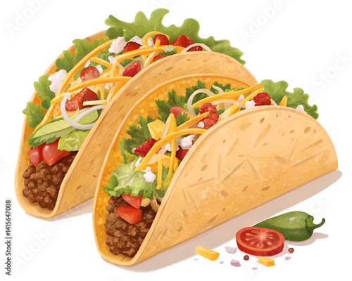 Delicious Mexican Tacos with Vegetables and Beef Isolated on White Background – Realistic Illustration