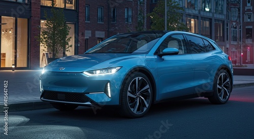 Modern Electric SUV Parked on City Street at Night