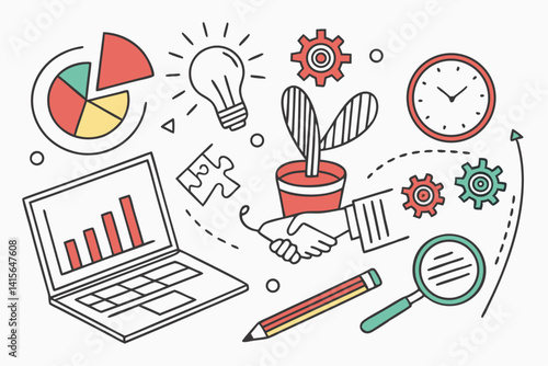 44 Business icons, productivity symbols, laptop computer, pie chart, lightbulb, puzzle pieces, coffee cup, glasses, hands typing, cactus plant, handshake, bar graph, gears, pencil, clock, magnifying g
