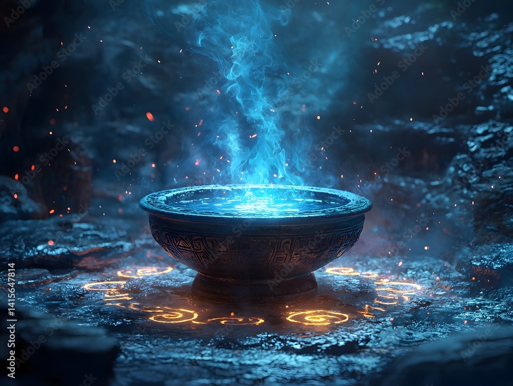 Mystical oil lamp in a dark cave with magical blue flames and glowing runes Mystical oil lamp in a dark cave with magical blue flames and glowing runes