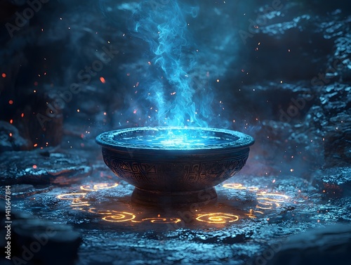 Mystical oil lamp in a dark cave with magical blue flames and glowing runes