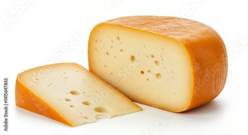 Cheese Wedge and Block on White Background Close-up