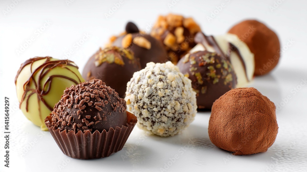 A tempting selection of chocolate truffles, showcasing variety in decorations and flavor profiles. A tempting selection of chocolate truffles, showcasing variety in decorations and flavor profiles.