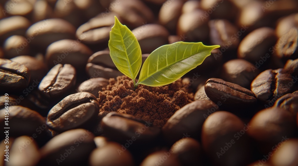 Obraz premium Coffee plant sprout amidst roasted beans