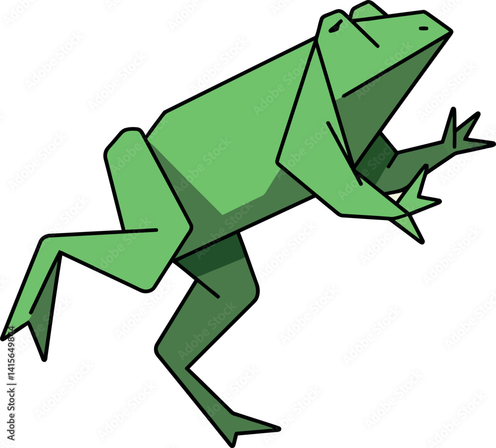 Fototapeta premium Green geometric frog in mid-jump with angular shapes minimal flat design vector illustration