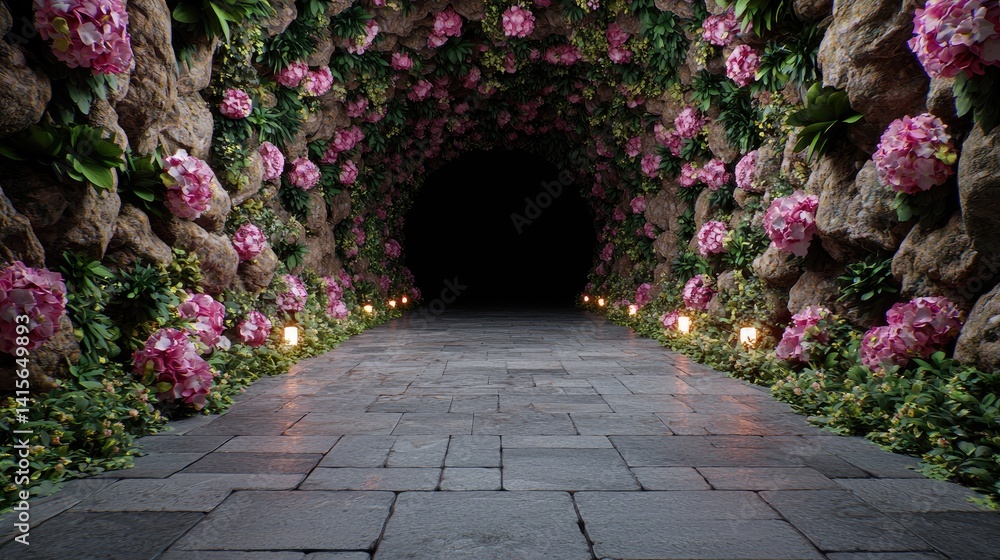 Fototapeta premium Enchanted pink flower pathway mystical floral tunnel romantic fantasy background