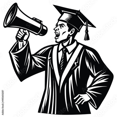Graduate in Cap and Gown Shouting into Megaphone