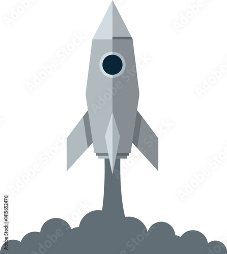 Rocket launching with smoke plume in flat minimal style simple space vector illustration