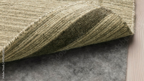 Detailed view of a textured rug unfolding partially over soft underlay in a cozy interior setting during daylight.