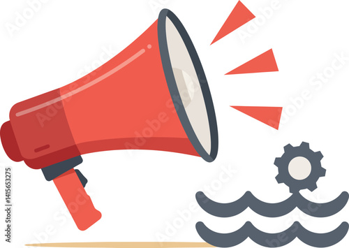 Red megaphone with sound waves and gear icon in flat design style vector art