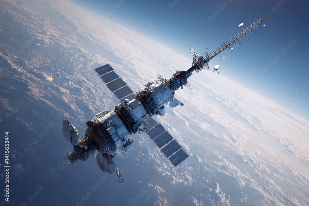 Naklejka premium Orbital Outpost: A satellite floating in the vast expanse of space, orbiting high above the Earth. A beacon of technology.