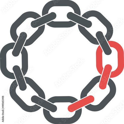 Circular chain link with highlighted broken link in red minimal flat design vector illustration
