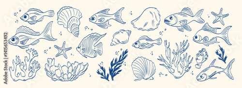 Sea fish vector set with seaweeds, corals and seashells. Drawing of underwater life with in line art. Summer coastal design elements for trendy prints, invitation. 