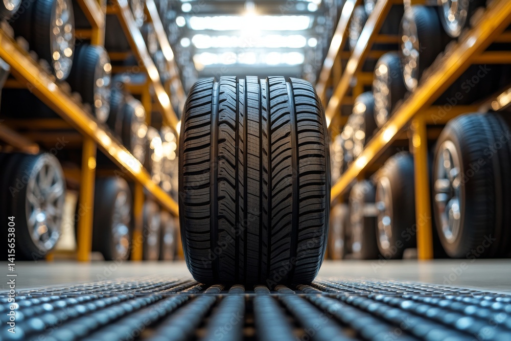 A single tire is prominently displayed in a well-organized warehouse. The setting features rows of tires lined up in the background. Ideal for automotive themes and stock image needs. AI