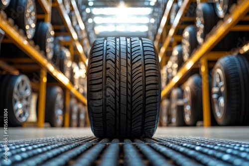 Obraz na płótnie A single tire is prominently displayed in a well-organized warehouse. The setting features rows of tires lined up in the background. Ideal for automotive themes and stock image needs. AI w salonie