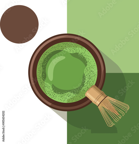 Green matcha tea cup with bamboo whisk flat design top view traditional Japanese vector art