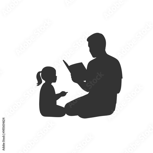 Mindful Parent Reading Story Book to Child Silhouette Vector